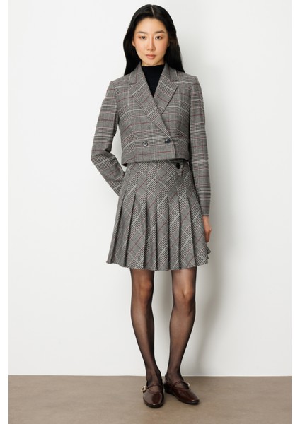 Kadın Ekoseli Crop Ceket 5075 Siyah modelleri