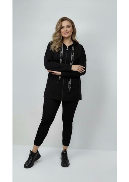 Kadın Büyük Beden Uzun Kollu Kapüşonlu Fermuar Detaylı Sweatshirt 2007