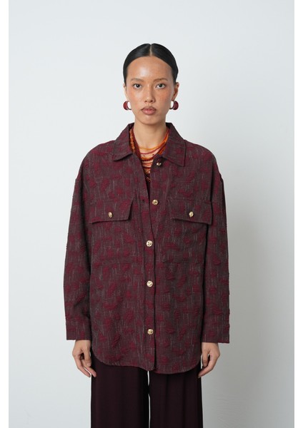 Kadın Bordo Renk Desenli Çift Cepli Gömlek - Ceket