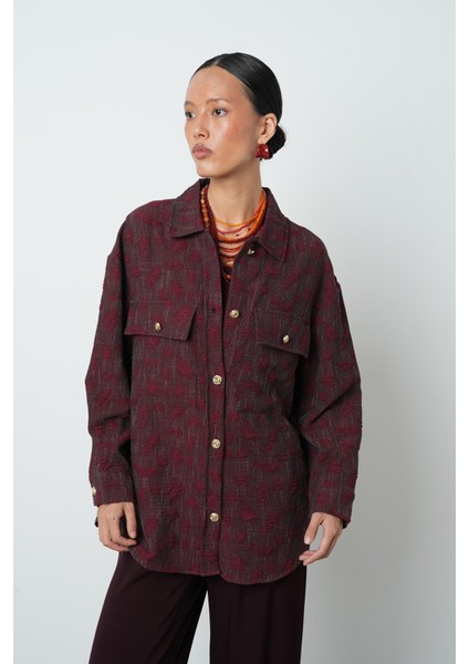 Kadın Bordo Renk Desenli Çift Cepli Gömlek - Ceket modelleri