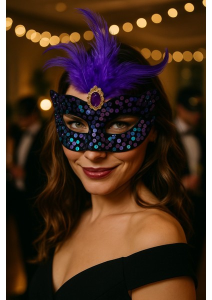 Mor Tüylü Taşlı Işıltılı Parti Maskesi Siyah Pul Süslemeli Şık Maskeli Balo Kostüm Aksesuarı