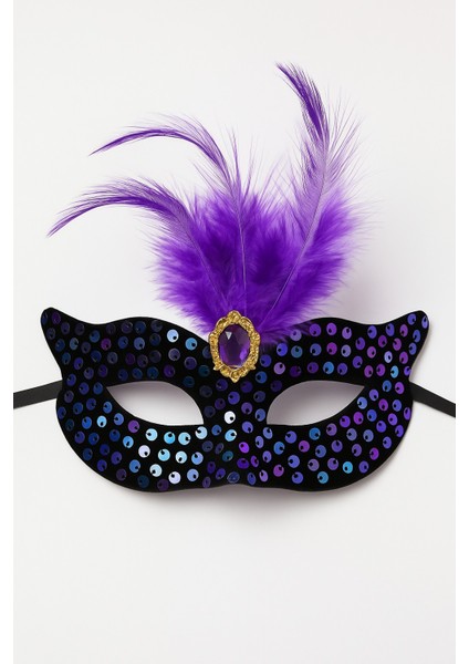 Mor Tüylü Taşlı Işıltılı Parti Maskesi Siyah Pul Süslemeli Şık Maskeli Balo Kostüm Aksesuarı fiyatları
