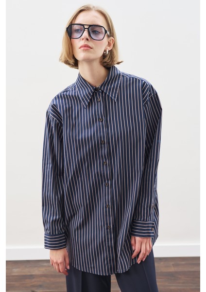 Bağlama Aksesuarlı Gömlek Lacivert Çizgili modelleri