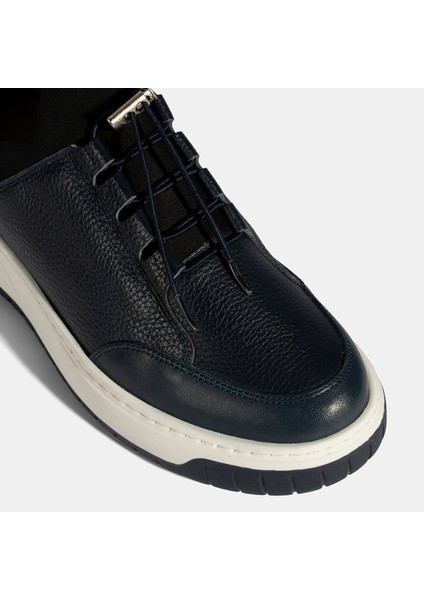 Erkek Lacivert Lastik Bağcıklı Deri Sneaker