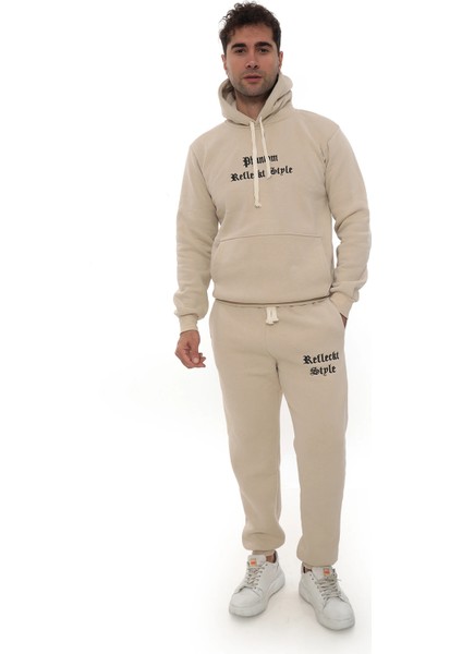 Bej Içi Polarlı Şık Erkek Eşofman Takımı Paça Lastikli Cepli Kapüşonlu Nakış Detaylı Compact Takım