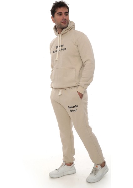 Bej Içi Polarlı Şık Erkek Eşofman Takımı Paça Lastikli Cepli Kapüşonlu Nakış Detaylı Compact Takım fiyatları