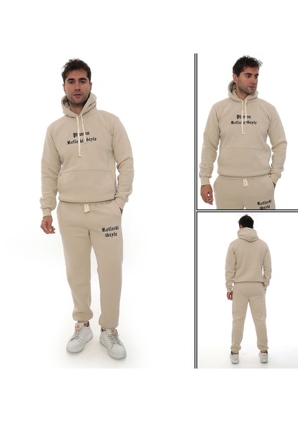 Bej Içi Polarlı Şık Erkek Eşofman Takımı Paça Lastikli Cepli Kapüşonlu Nakış Detaylı Compact Takım modelleri