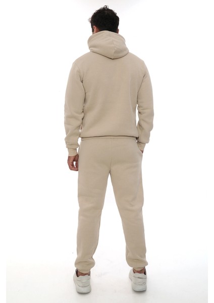 Bej Içi Polarlı Şık Erkek Eşofman Takımı Paça Lastikli Cepli Kapüşonlu Nakış Detaylı Compact Takım fırsatları