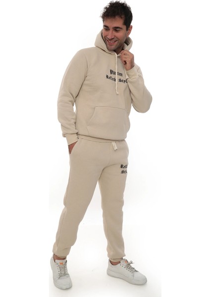 Bej Içi Polarlı Şık Erkek Eşofman Takımı Paça Lastikli Cepli Kapüşonlu Nakış Detaylı Compact Takım indirimleri