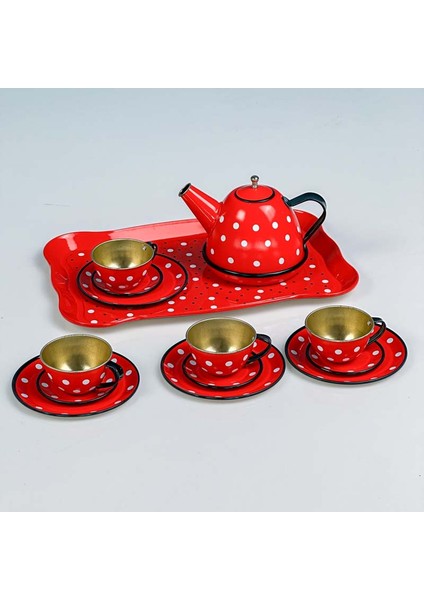 14 Parça Metal Kırmızı Beyaz Desenli Oyuncak Çay Seti