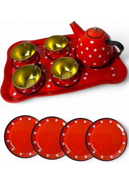 14 Parça Metal Kırmızı Beyaz Desenli Oyuncak Çay Seti fiyatları