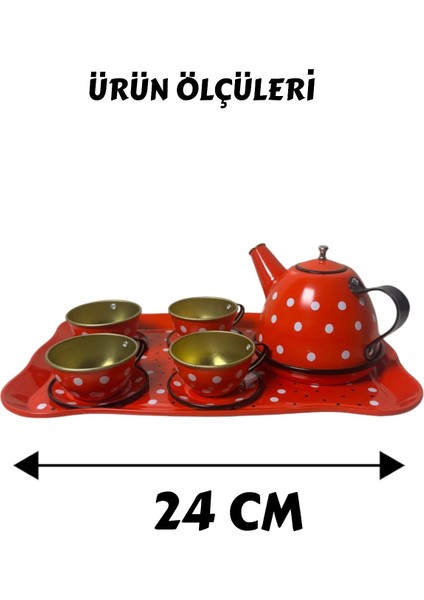 14 Parça Metal Kırmızı Beyaz Desenli Oyuncak Çay Seti modelleri