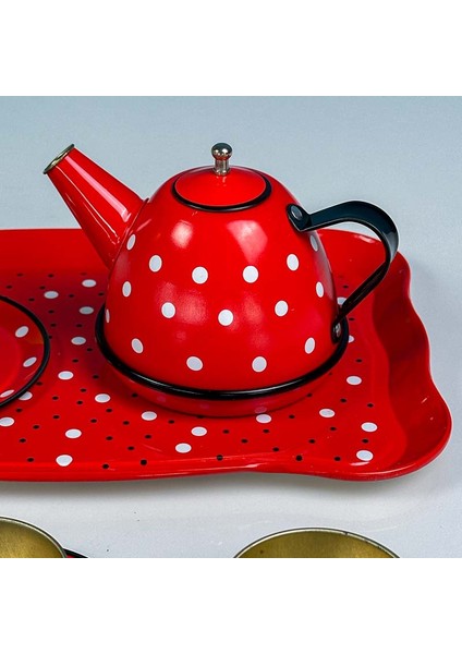 14 Parça Metal Kırmızı Beyaz Desenli Oyuncak Çay Seti fırsatları