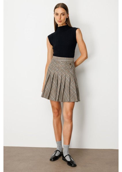 Kadın Ekoseli Mini Etek 5079 Vizon