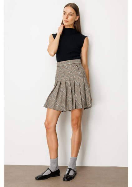 Kadın Ekoseli Mini Etek 5079 Vizon fiyatları