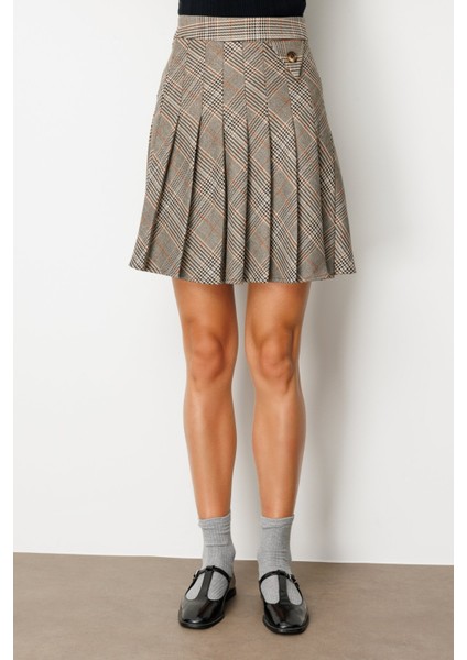Kadın Ekoseli Mini Etek 5079 Vizon modelleri