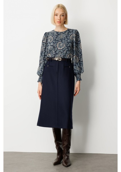 Kadın Beli Kemerli Yırtmaçlı Midi Etek 2009 Lacivert