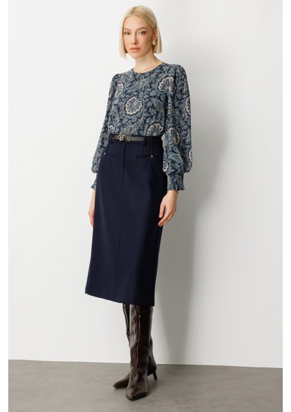 Kadın Beli Kemerli Yırtmaçlı Midi Etek 2009 Lacivert fiyatları