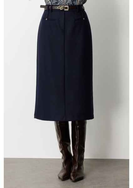 Kadın Beli Kemerli Yırtmaçlı Midi Etek 2009 Lacivert modelleri