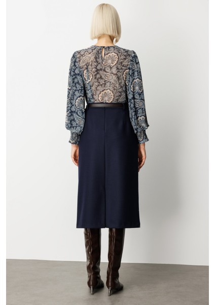 Kadın Beli Kemerli Yırtmaçlı Midi Etek 2009 Lacivert fırsatları