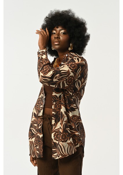 Kadın Çiçek Desenli Oversize Kesim Gömlek