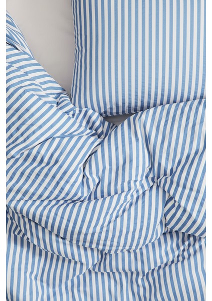 Natural Ranforce Mavi Çizgili Çift Kişilik Nevresim Takımı %100 Organik Pamuk
