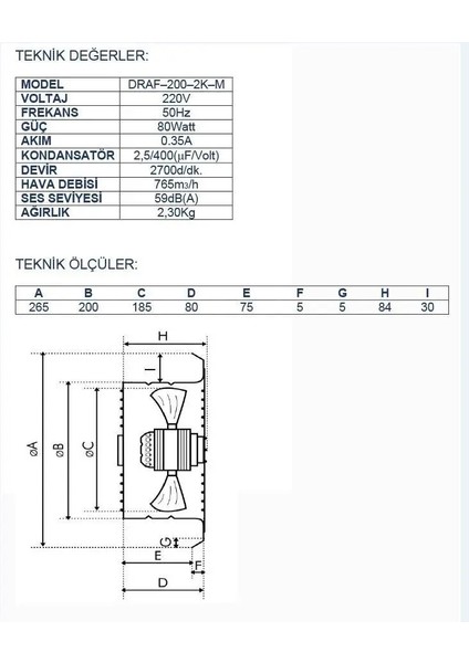 Ayas DRAF-200-2K-M 20 cm Monofaze Aksiyal Fan Aspiratör 3000 D/d 220 230 Volt fiyatları