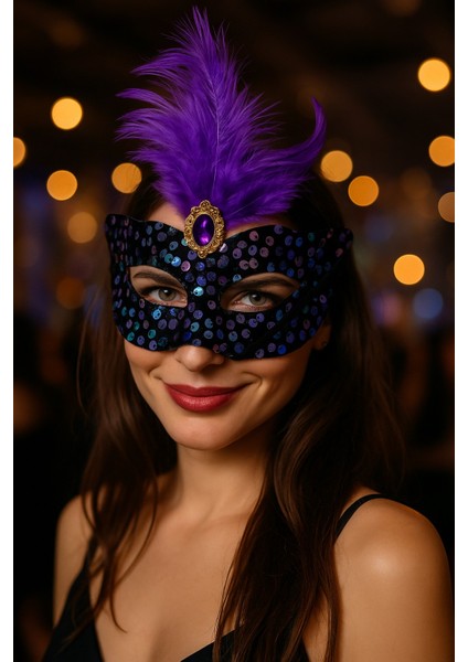 Mor Tüylü Taşlı Işıltılı Parti Maskesi Siyah Pul Süslemeli Şık Maskeli Balo Kostüm Aksesuarı modelleri
