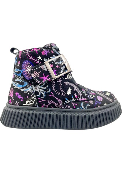 Aquarium Nakışlı Deri ve Ortopedik Bebe Bot Siyah-Fuşya