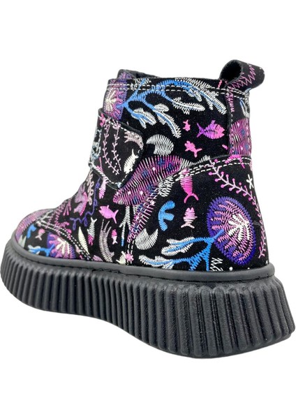 Aquarium Nakışlı Deri ve Ortopedik Bebe Bot Siyah-Fuşya modelleri