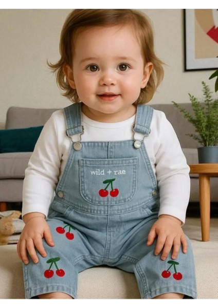 Kiraz Nakışlı Örme Kot Kumaş Salopet T-Shirt Mevsimlik 2li Set