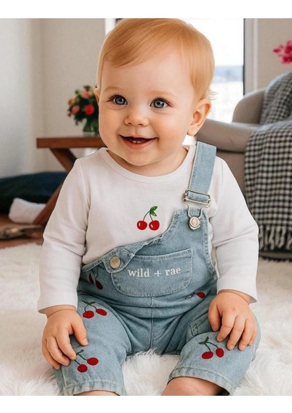 Kiraz Nakışlı Örme Kot Kumaş Salopet T-Shirt Mevsimlik 2li Set fiyatları