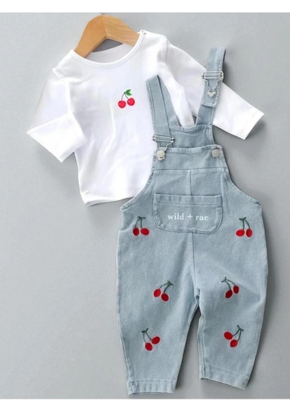 Kiraz Nakışlı Örme Kot Kumaş Salopet T-Shirt Mevsimlik 2li Set modelleri