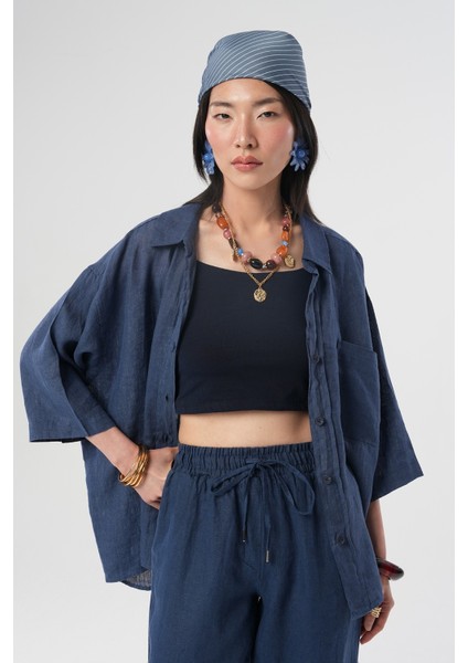 Kadın Indigo Renk Tek Cepli Truvakar Kollu %100 Keten Gömlek