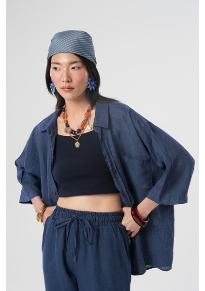 Kadın Indigo Renk Tek Cepli Truvakar Kollu %100 Keten Gömlek fiyatları