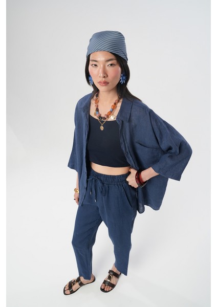 Kadın Indigo Renk Tek Cepli Truvakar Kollu %100 Keten Gömlek modelleri