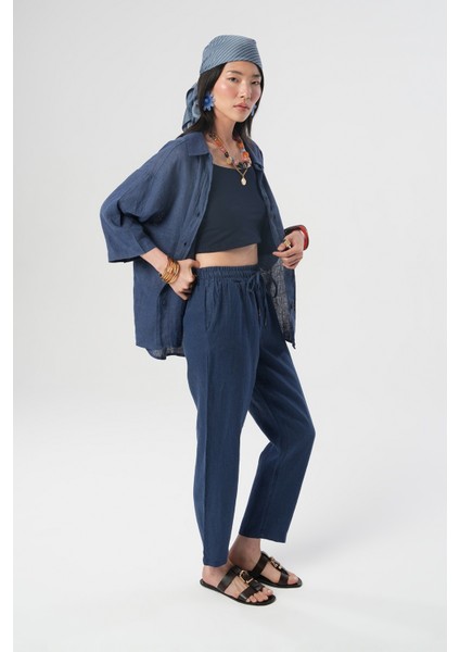 Kadın Indigo Renk Tek Cepli Truvakar Kollu %100 Keten Gömlek fırsatları