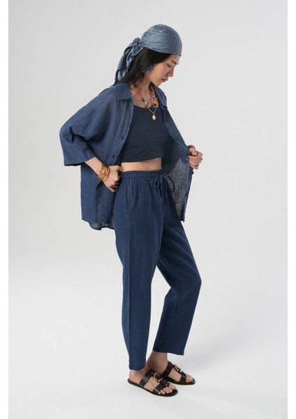 Kadın Indigo Renk Tek Cepli Truvakar Kollu %100 Keten Gömlek indirimleri