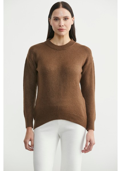 Oversize Önü Verev Triko Kazak - Kahve