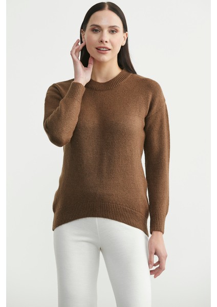 Oversize Önü Verev Triko Kazak - Kahve fiyatları