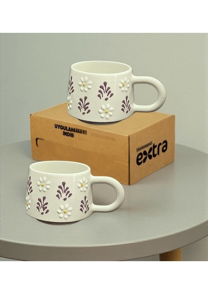 El Yapımı Hediyelik 2 Kişilik Seramik Kupa Seti – Mor Desenli fiyatları