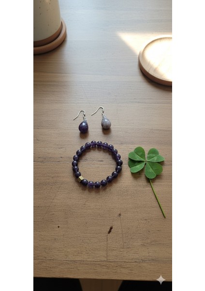 Ametist Damla Küpe ve 8mm Bileklik Seti - Doğal Taş Takı Kombinasyonu Takı Seti modelleri