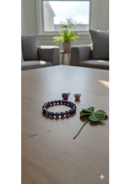 Ametist Damla Küpe ve 8mm Bileklik Seti - Doğal Taş Takı Kombinasyonu Takı Seti fırsatları