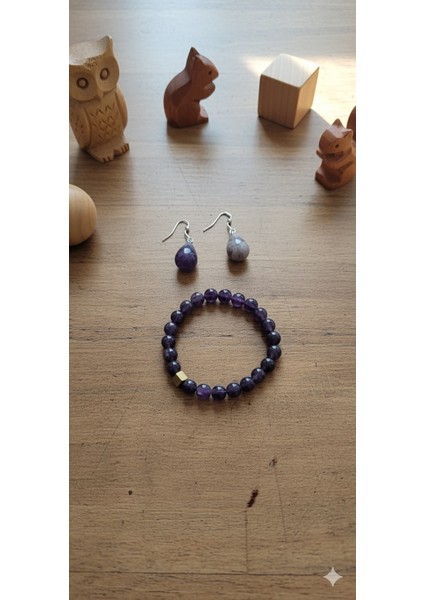 Ametist Damla Küpe ve 8mm Bileklik Seti - Doğal Taş Takı Kombinasyonu Takı Seti indirimleri