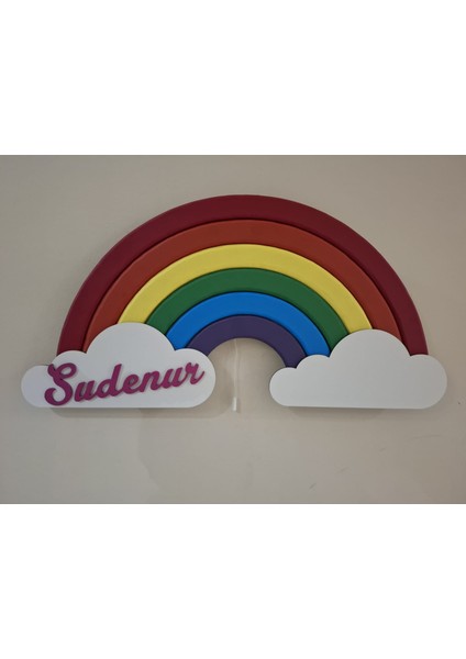 Kişiye Özel Ahşap Gökkuşağı Gece Lambası - LED Işıklı Pilli Duvar Dekoru | Bebek ve Çocuk Odası Isimli Lamba