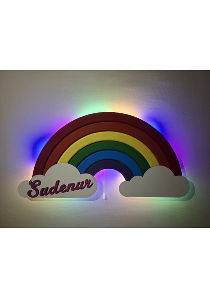 Kişiye Özel Ahşap Gökkuşağı Gece Lambası - LED Işıklı Pilli Duvar Dekoru | Bebek ve Çocuk Odası Isimli Lamba modelleri