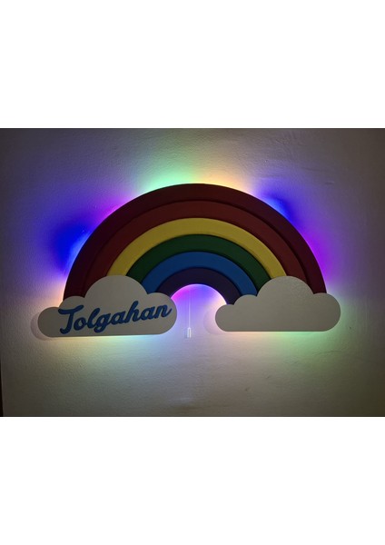 Kişiye Özel Ahşap Gökkuşağı Gece Lambası - LED Işıklı Pilli Duvar Dekoru | Bebek ve Çocuk Odası Isimli Lamba