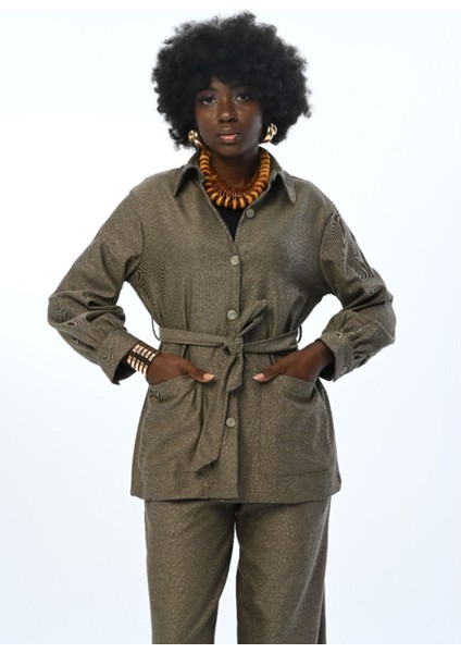 Kadın Çift Cepli Simli Kuşaklı Gömlek