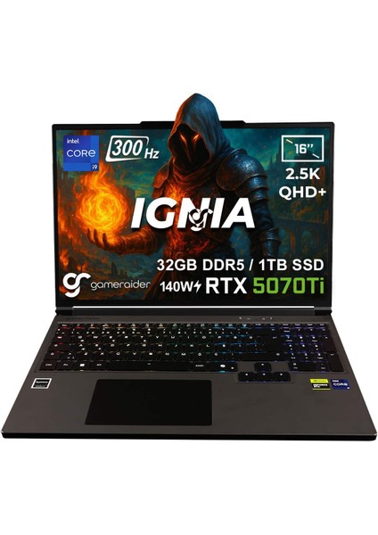 IGNIA GR16 Intel Core i9-14900HX 32GB DDR5 1TB SSD RTX 5070Ti 12GB 140W 16 inç 2.5K QHD+ 300Hz FreeDos Gaming Laptop