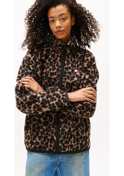 Kadın Regular Fit Leopar Desenli Dik Yaka Polar Ceket - Kahverengi